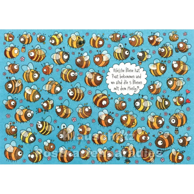 Wimmelbild Postkarte von SkoKo | Welche Biene hat Post bekommen?