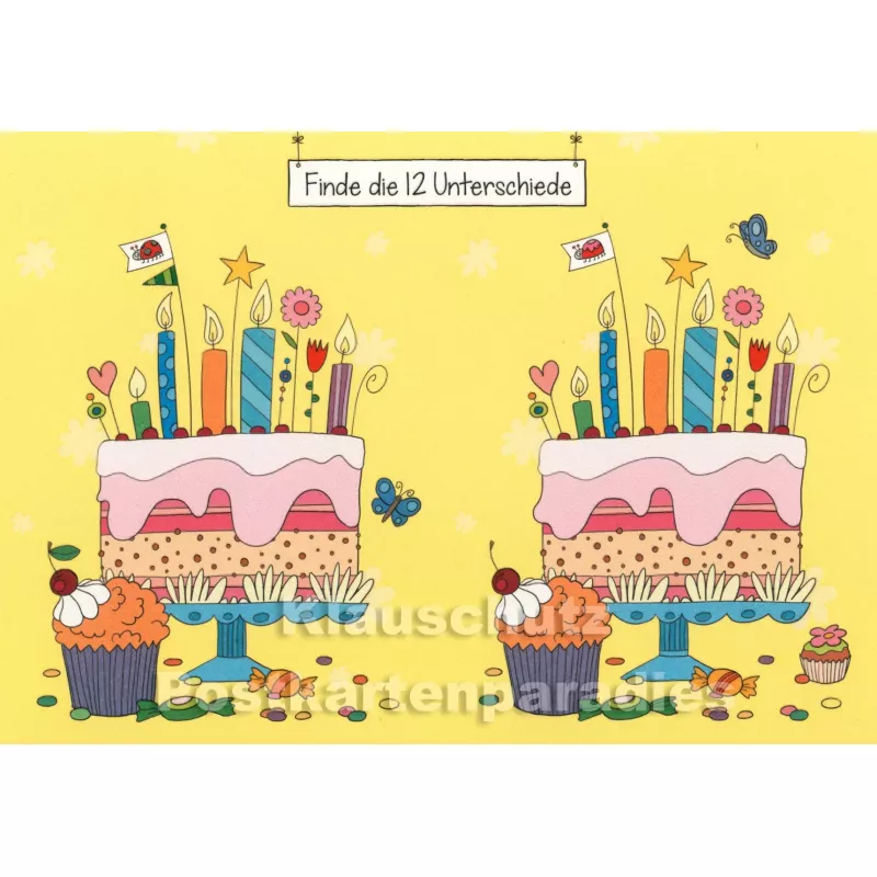 Geburtstagstorte Rätsel - Finde die 12 Unterschiede - SkoKo Wimmelbild Postkarte