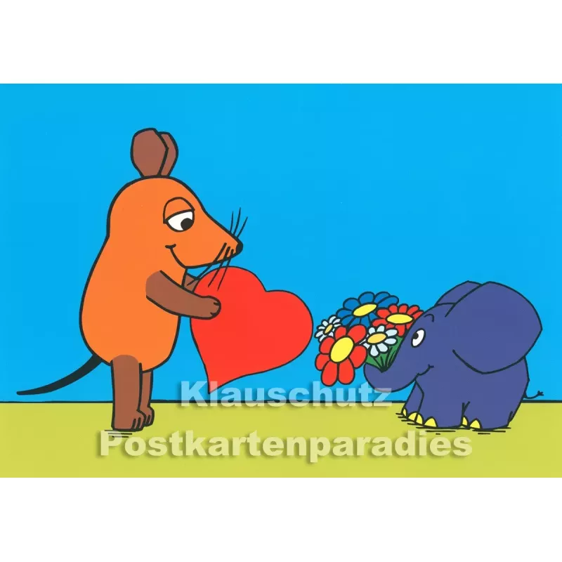 Maus und Elefant gratulieren mit Herz und Blumenstrauß - Postkarte