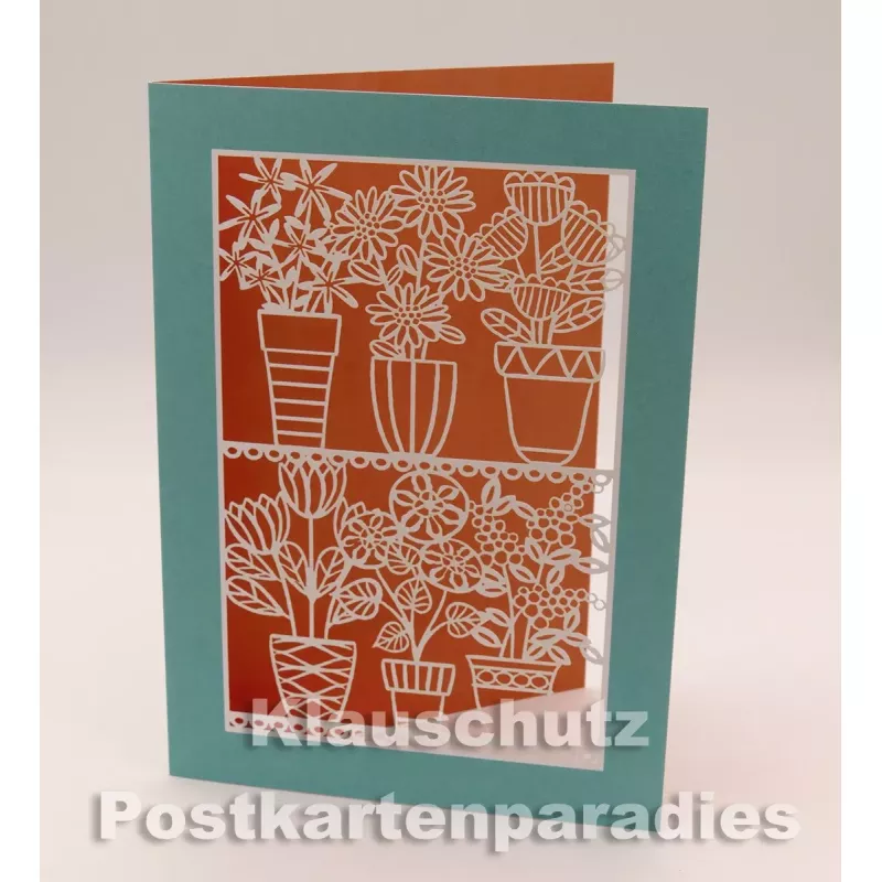 Doppelkarte mit Lasercut-Stanzung von ActeTre / Quire - Blumentöpfe (aufgeklappt)