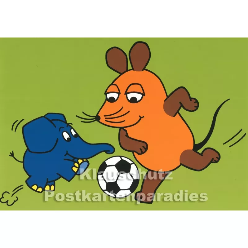 Postkarte | Maus und Elefant beim Fußballspiel