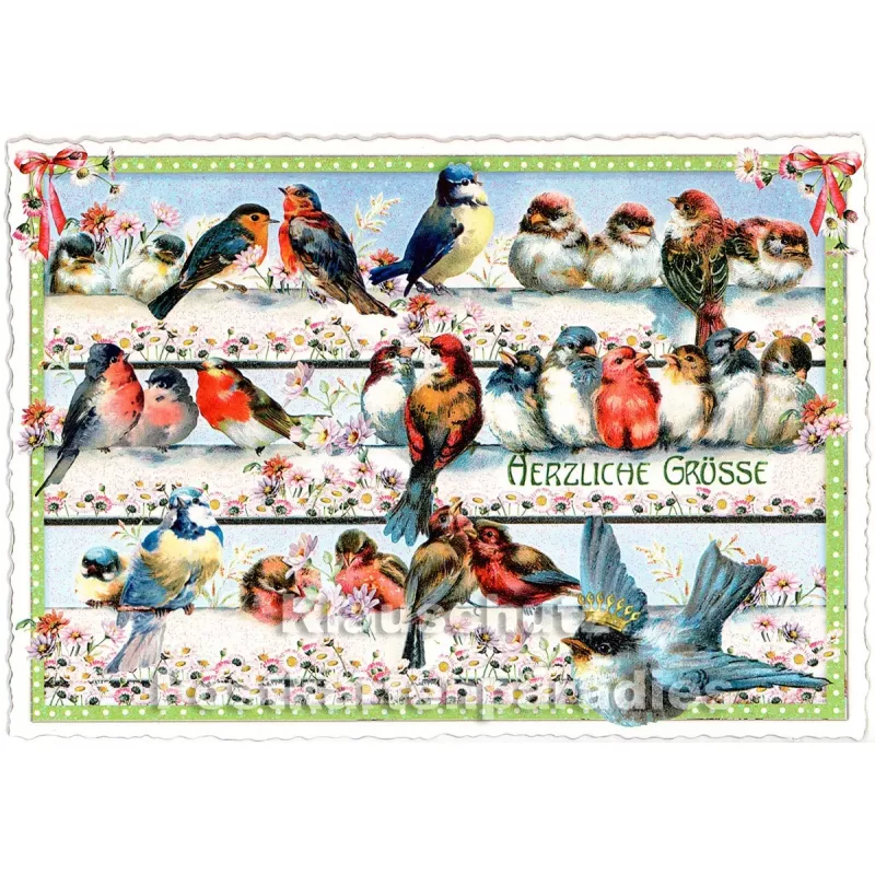 Retro Glitterkarte aus der Edition Tausendschön | Vögel - Herzliche Grüße