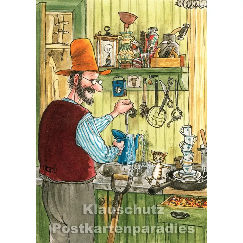 Postkarte Kinder - Pettersson und Findus mit der Kaffeekanne