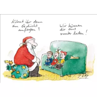 Könnt ihr denn ein Gedicht aufsagen? - Weihnachtskarte Postkarte von Peter Gaymann mit dem Weihnachtsmann