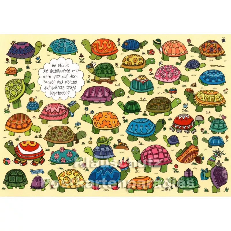 Wimmelbild Postkarte von SkoKo | Wo steckt die Schildkröte mit dem Herz?