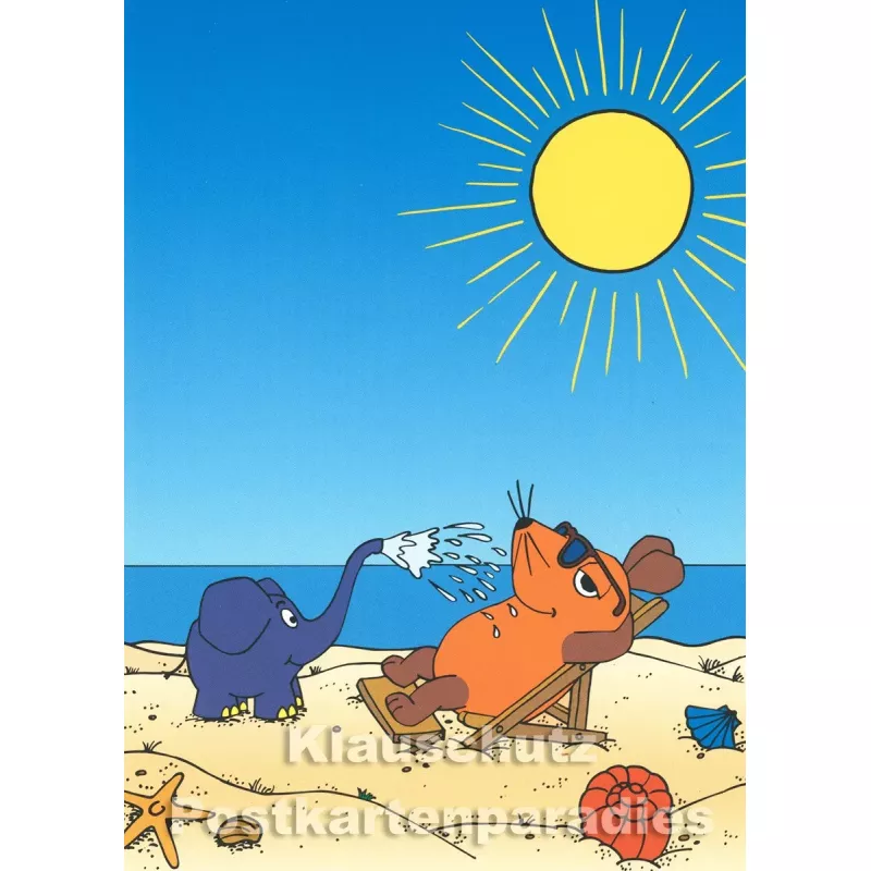 Postkarte | Maus und Elefant (vom WDR) im Sommerurlaub