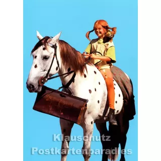 Kinder Postkarte | Pippi Langstrumpf und ihr Pferd "Kleiner Onkel"