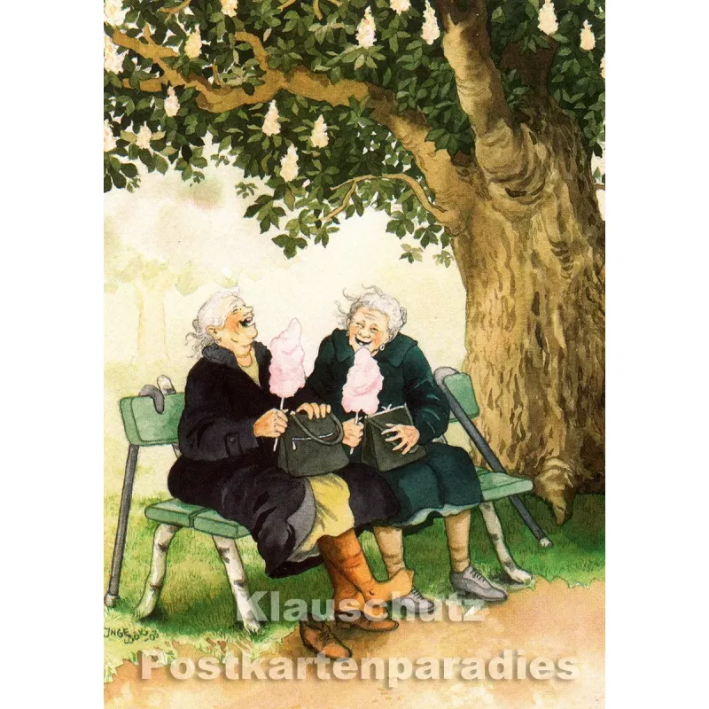 Taurus Postkarte von Inge Löök - Alte Frauen essen Zuckerwatte auf der Parkbank