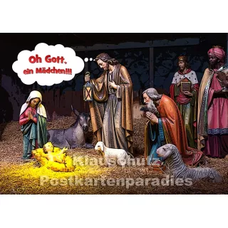 Freche Weihnachten Sparpaket - Postkarte mit Krippe - Oh Gott, ein Mädchen
