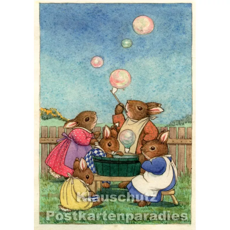 Hasenfamilie macht Seifenblasen | Taurus Kinder Postkarte