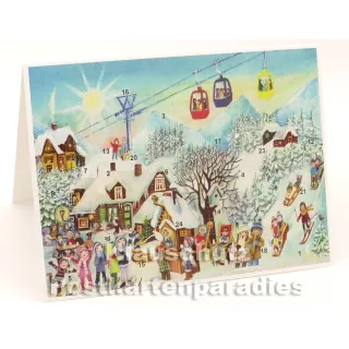 Seilbahn und Kinder im Schnee - Nostalgie Adventskalender Doppelkarte aufgestellt