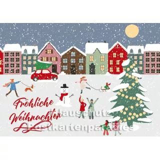 Grafik Postkarte |  Fröhliche Weihnachten im Schnee in verschneiter Stadt