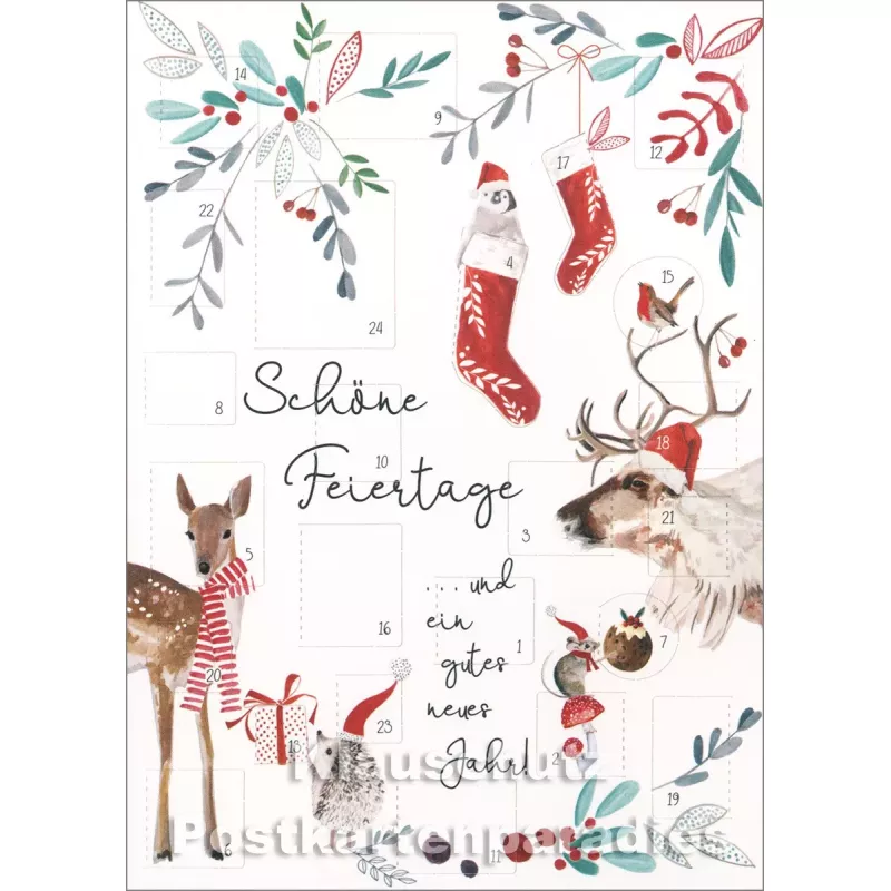 Doppelkarte Adventskalender  - Schöne Feiertage mit Tieren mit Weihnachtsmützen