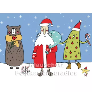 Weihnachtskarte: Weihnachtstrio mit Bär, Weihnachtsmann und Weihnachtsbaum mit einem kleinen Stern