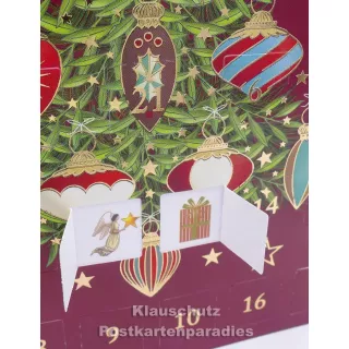 ActeTre Doppelkarte Adventskalender  - Festlicher Weihnachtsbaum - Detailansicht mit geöffneten Türchen
