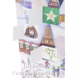 Taurus Postkarten Adventskalender | Doppelkarte mit Klapptürchen - Winterdorf - offene Türchen