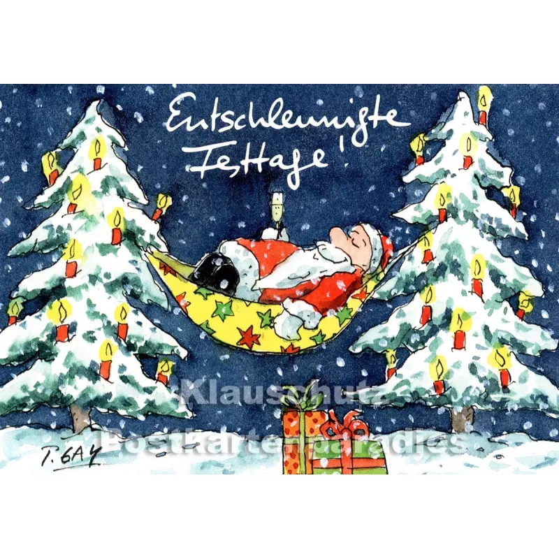 Entschleunigte Festtage | Weihnachtskarte von Peter Gaymann mit dem Weihnachtsmann in der Hängematte