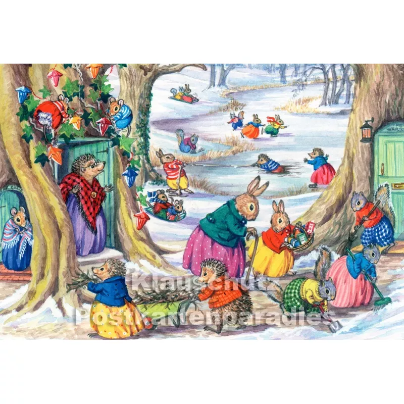 Tierische Weihnachten Doppelkarte - Schneevergnügen mit Hasen und Igeln