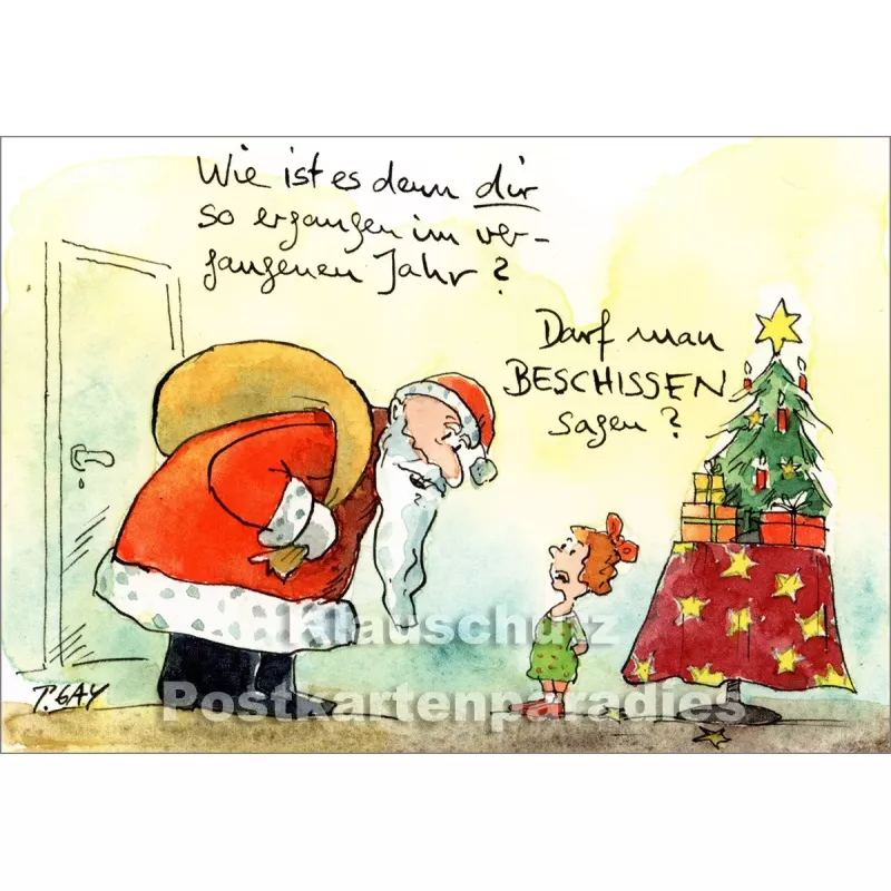 Peter Gaymann Weihnachtskarte mit dem Weihnachtsmann und einem kleinen Mädchen und einem Weihnachtsbaum