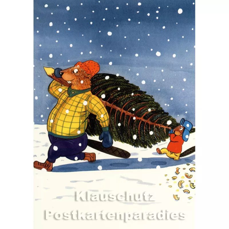 Postkarte von Leonard Erlbruch aus dem Peter-Hammer-Verlag - Baumtransport mit zwei Bibern im Schnee