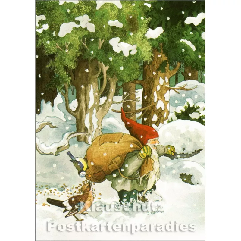 Inge Löök Weihnachtskarte | Wichtel mit Vögeln im Schnee