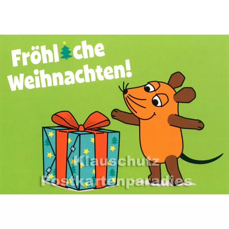 Weihnachtskarte | Die Maus (vom WDR) mit großem Weihnachtsgeschenk mit roter Schleife