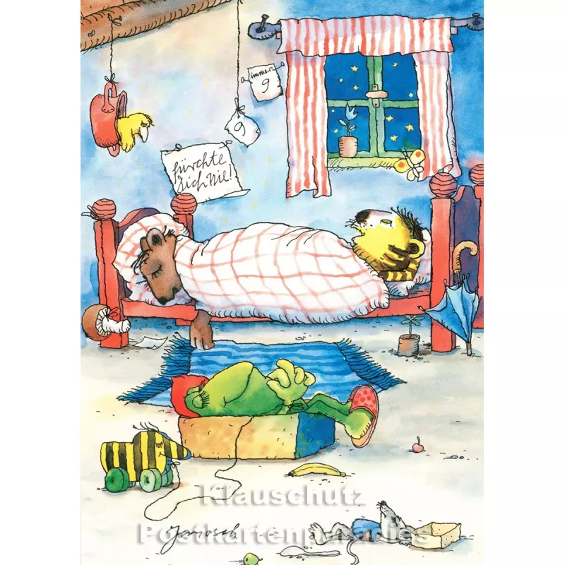 Janosch Postkarte mit Bär und Tiger nachts im Bett - Fürchte Dich nie!