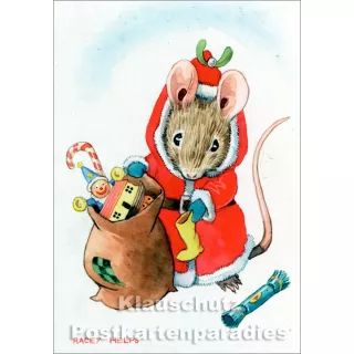 Weihnachtsmaus | Taurus Kinder Postkarte von Racey Helps mit kleiner Maus im Weihnachtsmannkostüm