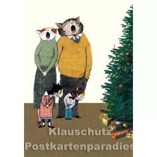 Postkarte von Wolf Erlbruch - Bescherung mit Katzenfamilie unterm Weihnachtsbaum