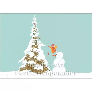 Weihnachtspostkarte mit goldfarbener Lackierung - Tanne, Engel, Schneemann