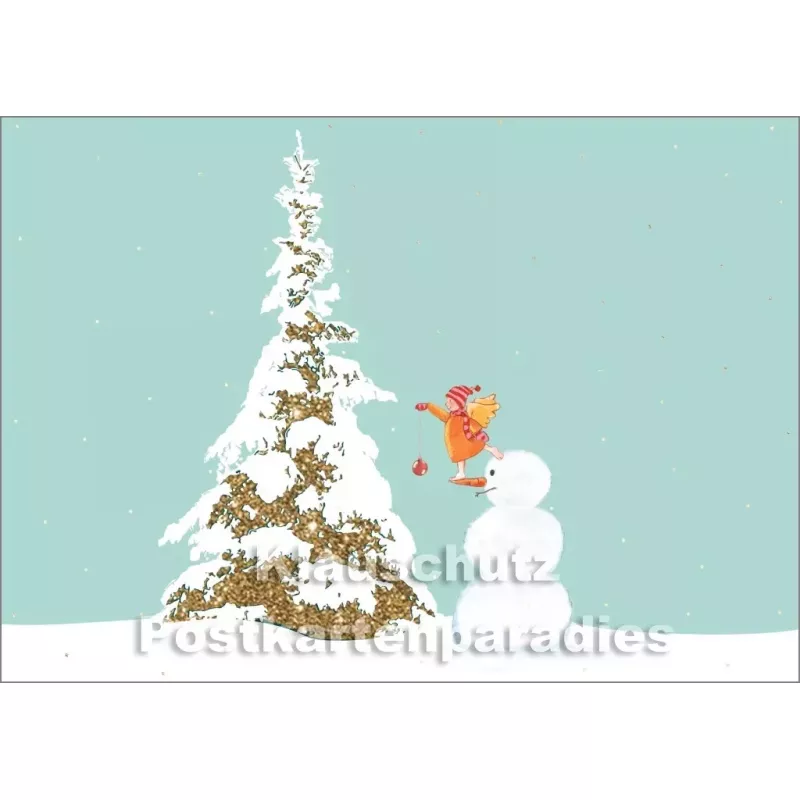 Weihnachtspostkarte mit goldfarbener Lackierung - Tanne, Engel, Schneemann
