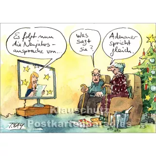 Peter Gaymann Weihnachtskarte - altes Ehepaar vor dem Fernseher - Neujahrsansprache Adenauer