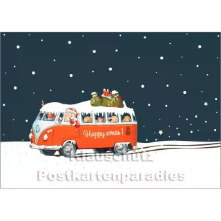 Weihnachtspostkarte mit goldfarbener Lackierung - Weihnachtsmann bringt Geschenke im roten Retro-Bus