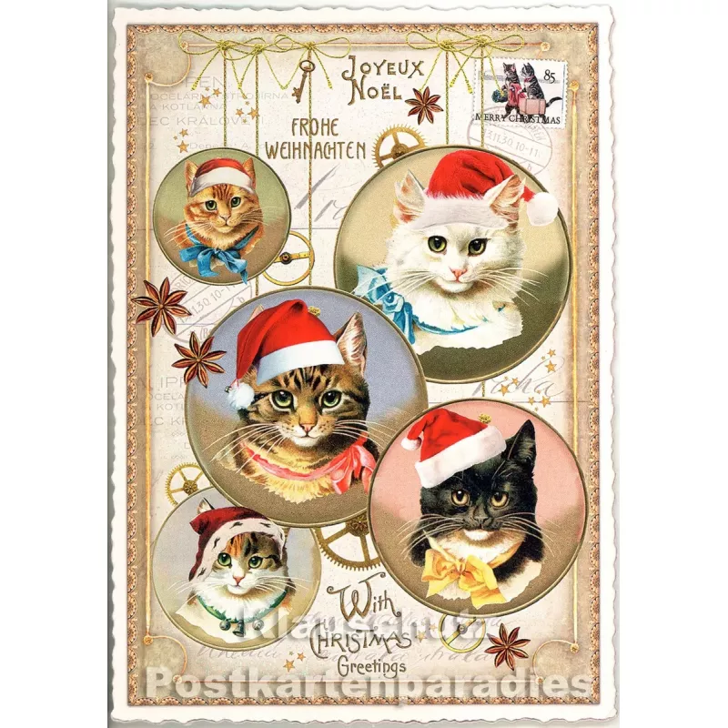 Edition Tausendschön - Nostalgische Retro Weihnachtskarte mit Glitter - Katzen Weihnacht
