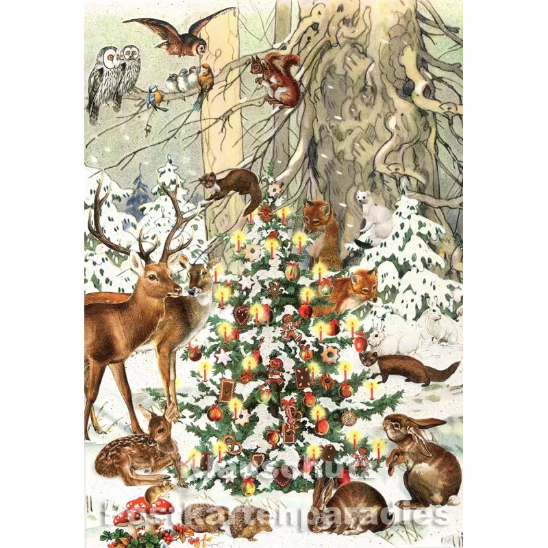 ActeTre Weihnachten Doppelkarte mit Glitter - Tiere im verschneiten Wald mit Weihnachtsbaum