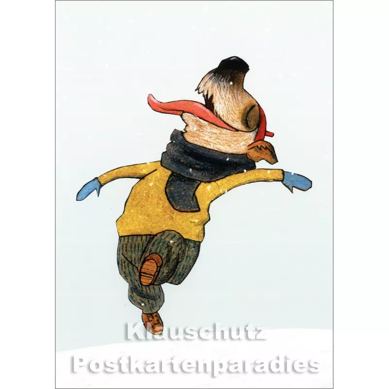 Postkarte von Wolf Erlbruch - Hund, der mit dem Mund Schneeflocken fängt