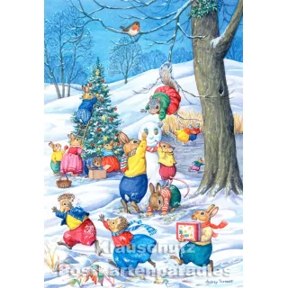 Tierische Weihnachten Doppelkarte - Wir bauen einen Schneemann mit Hasen, Mäusen und Igeln