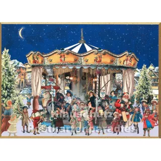 Schöne nostalgische Doppelkarte aus dem Sellmer Verlag zu Weihnachten mit einem Kinder-Karussell