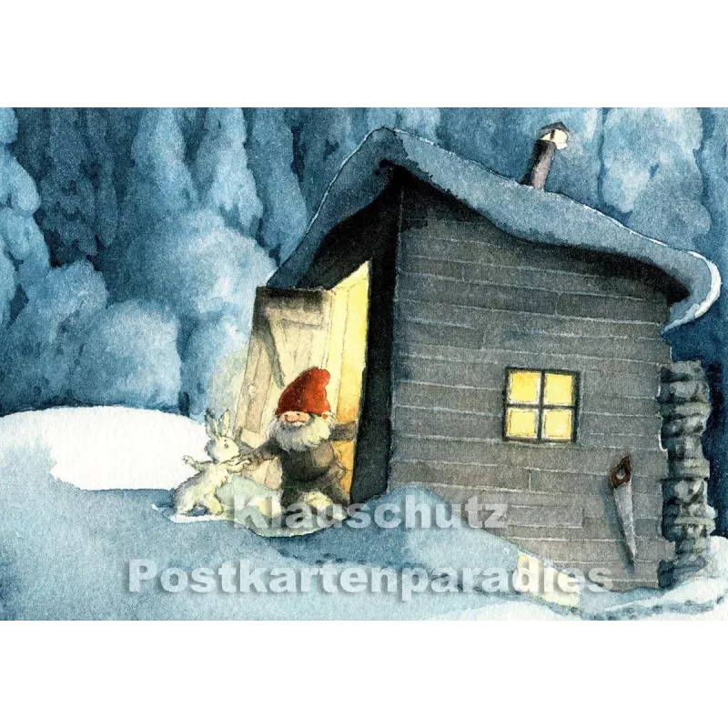 Discordia Weihnachtskarte  - Hütte im Schnee mit Wichtel und Hase