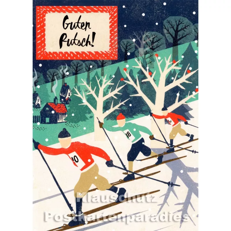 Retro Weihnachtskarte  mit Skifahrern von Bizarr - Guten Rutsch