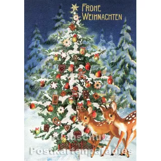 ActeTre Weihnachten Doppelkarte mit Glitter - Rehe und Weihnachtsbaum im verschneiten Wald