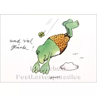 Janosch Postkarte mit springendem Frosch und Glücksklee - Und viel Glück!