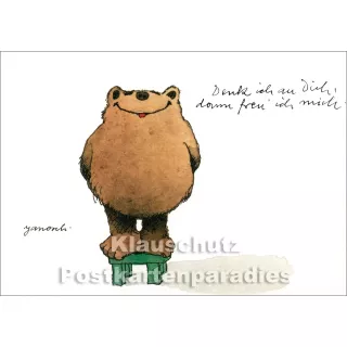 Janosch Postkarte mit Bär auf einem Hocker - Denk ich an Dich, dann freu ich mich.