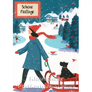 Doppelkarte zu Weihnachten - Frau mit roter Mütze und Schlitten - Schöne Festtage