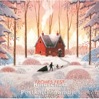 Eingeschneiter Winterwald mit rotem Haus - SkoKo Quadrat Weihnachtskarte