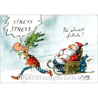 Stress, Stress - Weihnachtskarte von Peter Gaymann mit dem Weihnachtsmann und dem Elch.