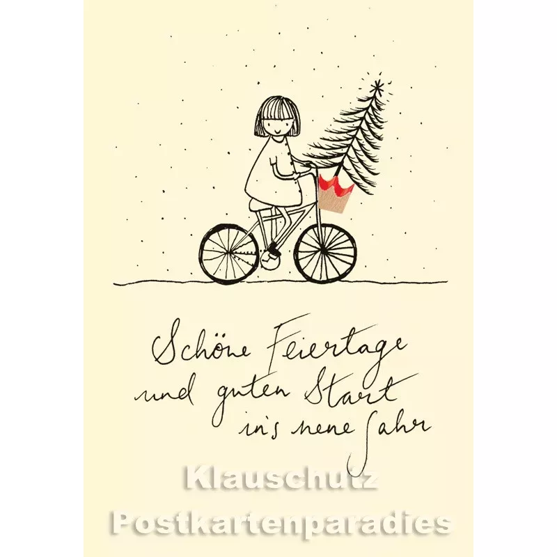 Buntstift Spitzer Doppelkarte Weihnachten von Discordia  - Frau mit Fahrrad und Weihnachtsbaum