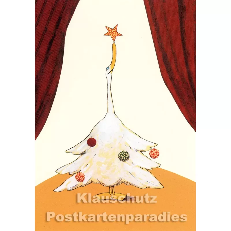 Postkarte von Wolf Erlbruch - Weihnachtsgans mit Christbaumschmuck