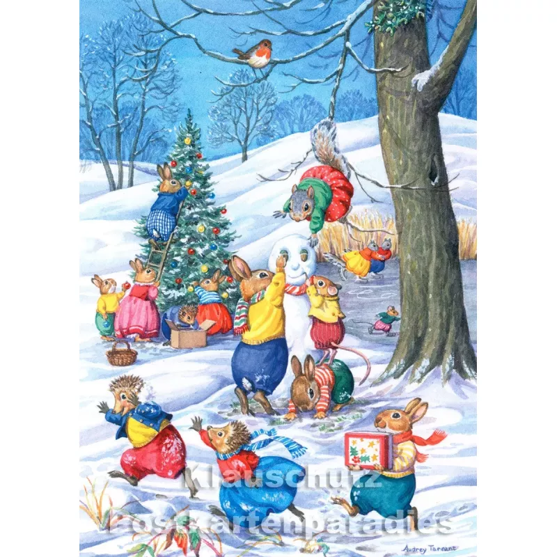 Tiere bauen einen Schneemann - Grafik Weihnachtskarte von Rannenberg