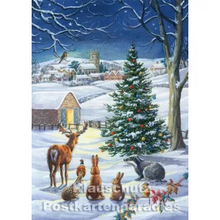 Tiere feiern Weihnachten in nächtlicher Winterlandschaft - Grafik Weihnachtskarte von Rannenberg